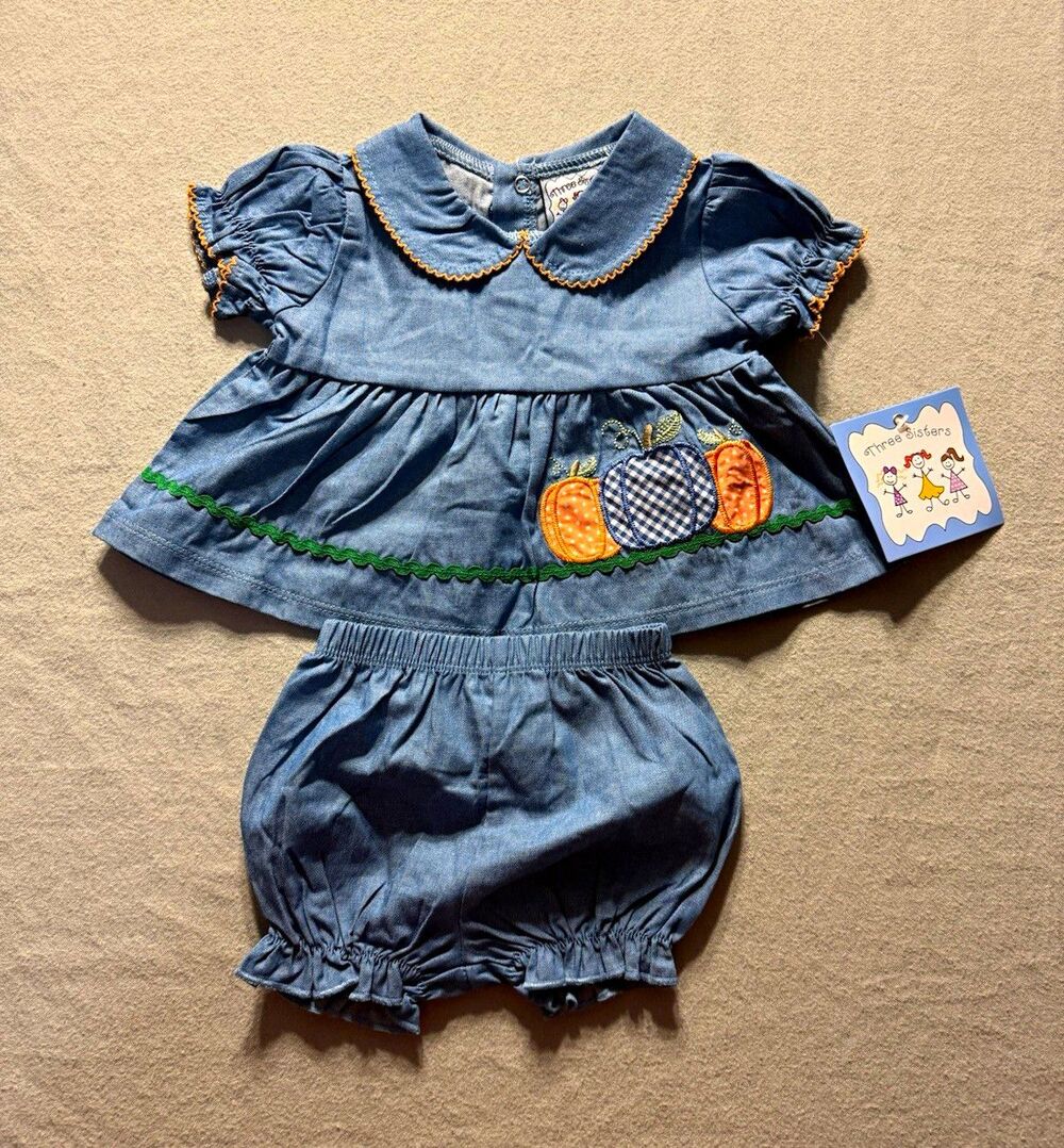 Three Sisters Girls Pumpkin Appliqué Bloomer Set Blue Chambray Fall NWT 3 Month